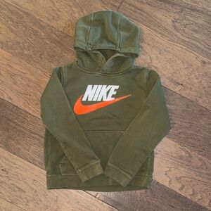 Nike Kids Olive Green Hoodie with Orange Swoosh Youth M